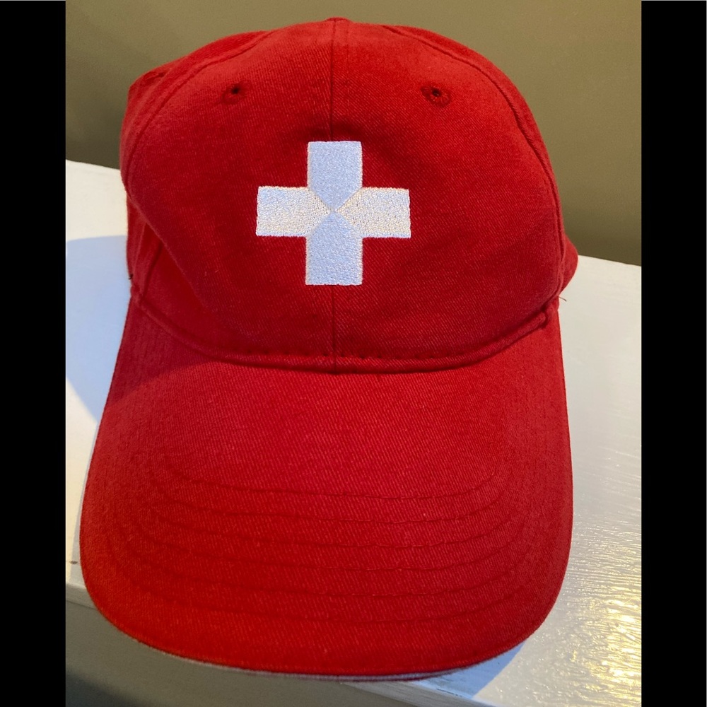 Red Cross Baseball Cap, Hat, First Aid Cap, Lifeguard Hat. EMT. OA Kustom. Red